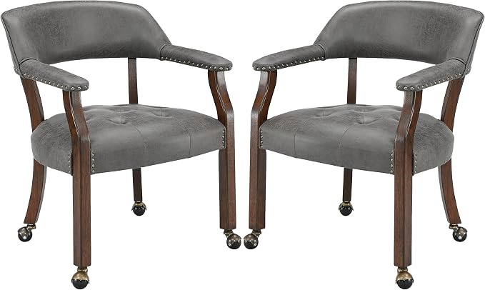 LEEMTORIG Set of 2 Dining Chairs with Casters and Arms, Rolling Dining Chairs with Wheels for Elderly, Ergonomic Wide Seat Wooden Office Chair, 26" Dx25.2 W, Cherry Legs&Dark Grey Fabric SY-1533-GY