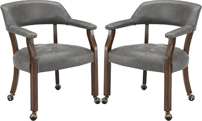 LEEMTORIG Set of 2 Dining Chairs with Casters and Arms, Rolling Dining Chairs with Wheels for Elderly, Ergonomic Wide Seat Wooden Office Chair, 26" Dx25.2 W, Cherry Legs&Dark Grey Fabric SY-1533-GY