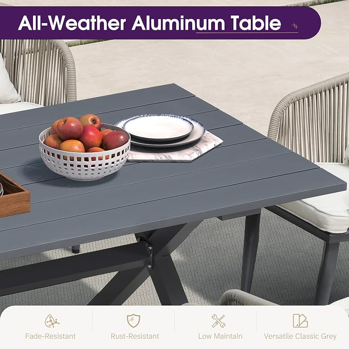 PURPLE LEAF 9 Pieces Patio Dining Set Wicker Outdoor Furniture Rectangular Table and Chairs Set for Garden Deck Aluminum Frame Backyard Kitchen Set, Cushions and Pillows Included Taupe