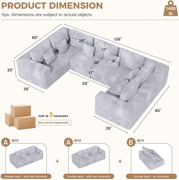 Luxanimarion 136'' Large Sectional Cloud Couches with Chaise, U Shaped Boneless Loveseat Sofa, No Assembly Required Deep Seat Modular Lounge for Living Room 3PCS Set, Bedroom(Light Grey)