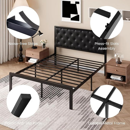SHA CERLIN Queen Size Metal Bed Frame with PU Tufted Headboard, Black | Modern Design Heavy-Duty Platform Bed, No Box Spring Need, PU Leather Upholstery, Noise Free, Easy Assembly