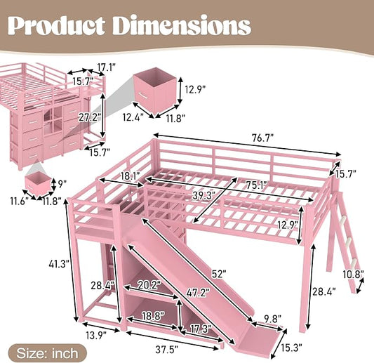 Bellemave Twin Size Low Loft Bed with Slide & 7 Fabric Storage Drawers,Metal Loft Bed Frame with Shelves and LED Lights for Boys Girls,Kids Loft Bed Twin,Pink