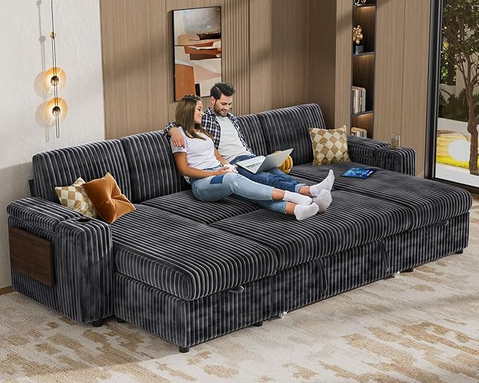Vipbear 108" Modular Sectional Sleeper Sofa with Pull Out Bed, 4 Seat Plush Corduroy U Shaped Couch with USB Ports|Cup Holders|Side Table|Storage Chaise Armrests, Tool Free Assembly, Grey