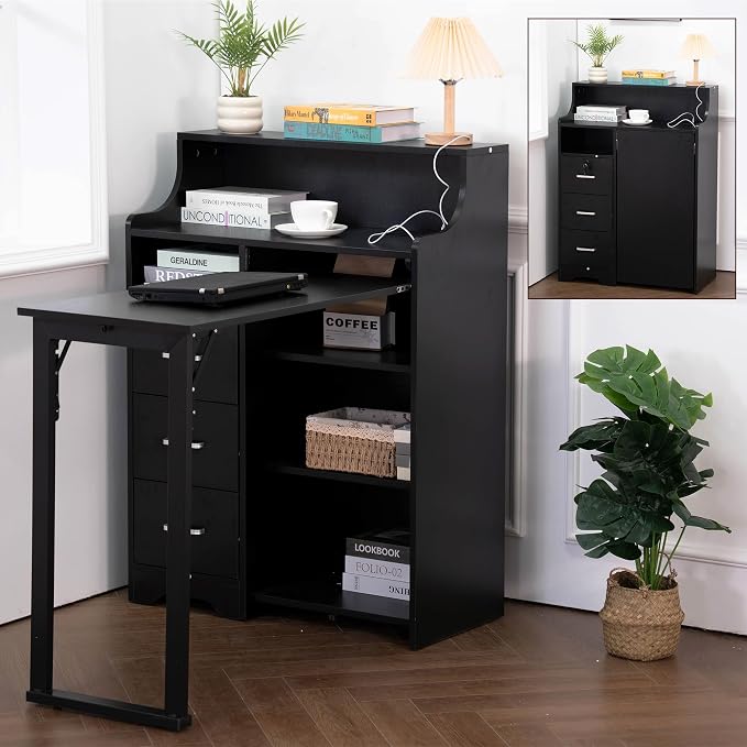 Folding Desk with Storage,Hidden Desk with Lockable Drawers & Shelves, Built-in Power Outlet,Fold Out Desk for Study and Home Office