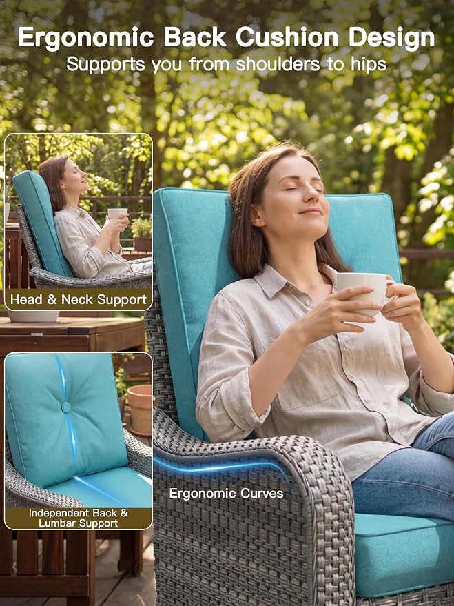6-Piece Patio Furniture Set, Outdoor Swivel Rocking Chairs with 4" Thick Cushions & Side Table, All-Weather PE Rattan & Rust-Resistant Steel Frame Conversation Set for Porch, Backyard, Turquoise