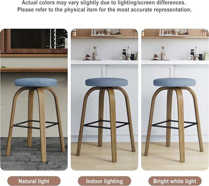 Bar Stools Set of 2, Counter Height Backless Bar Stools, 30" Swivel Barstools Kitchen Chair with Upholstered Fabric Seat, Blue