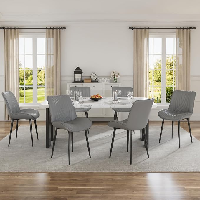 VECELO Dining Chairs Set of 6, Modern Upholstered Faux Leather Cushion Seat and Metal Legs for Kitchen, Living Room, Grey