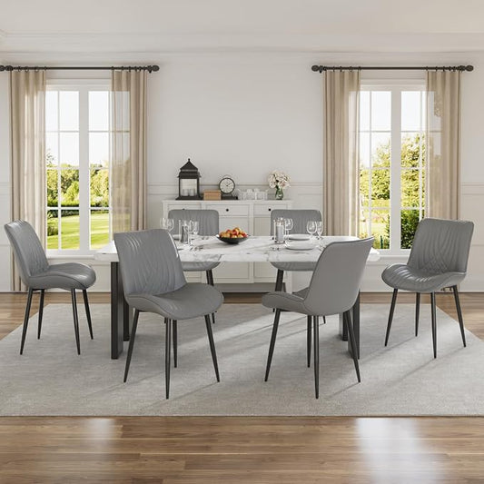 VECELO Dining Chairs Set of 6, Modern Upholstered Faux Leather Cushion Seat and Metal Legs for Kitchen, Living Room, Grey