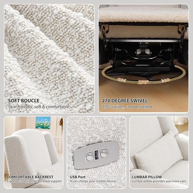 Power Recliner Chair Swivel Glider, Large Rocker Recliner w/USB Charging Port, Boucle Upholstered Swivel Rocker Glider Recliner for Nursery,Bedroom,Living Room, 1PC, Cream