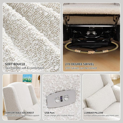 Power Recliner Chair Swivel Glider, Large Rocker Recliner w/USB Charging Port, Boucle Upholstered Swivel Rocker Glider Recliner for Nursery,Bedroom,Living Room, 1PC, Cream