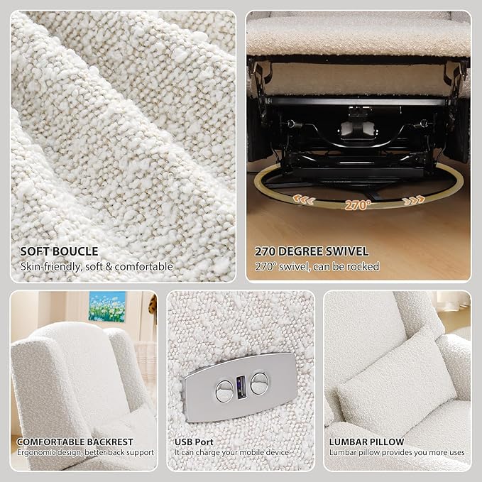 Power Recliner Chair Swivel Glider, Large Nursery Glider with Ottoman & USB Charging Port, Boucle Upholstered Rocker Recliner for Nursery,Living Room,Cream