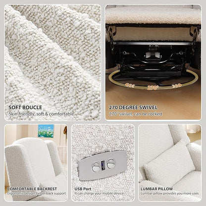 Power Recliner Chair Swivel Glider, Large Nursery Glider with Ottoman & USB Charging Port, Boucle Upholstered Rocker Recliner for Nursery,Living Room,Cream