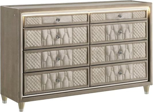 Coaster Home Furnishings - Lorient - Wood and Velvet - 8-Drawer Dresser with LED Lighting, Quilted Fronts and Crystal Knobs - Bedroom - Ivory and Camel - 222663