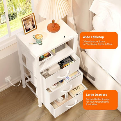 Lazzanto NightStand Bedside Charging Table Bedroom - White Night Stand with Charger Station, USB-C USB Ports & AC Outlets for Dorm, Modern End Table with Open Shelf & 3 Fabric Drawers