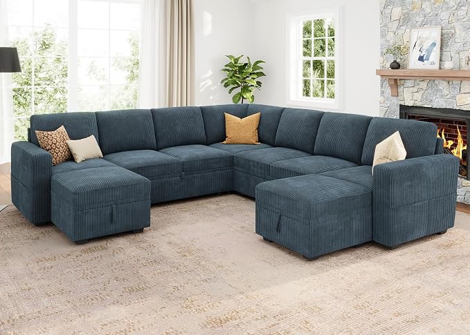 HONBAY Modular Sectional Sleeper Sofa with Pull Out Couch, Corduroy Oversized Sectional Couches Pull Out Bed with U Shaped Sleeper Storage for Living Room - Blue