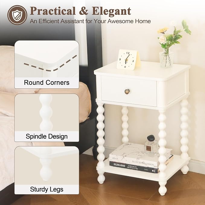 AWASEN White Nightstand, Small Side Table with Drawer for Living Room, Farmhouse End Bedside Table with Spindle Wood Legs for Bedroom, Office, White