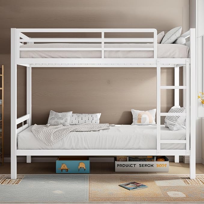 Bunk Bed Full Over Full, Heavy Duty Metal Bunkbeds with Full-Length Guardrail, Space-Saving Steel Bed for Kids & Adults, No Box Spring Required, White