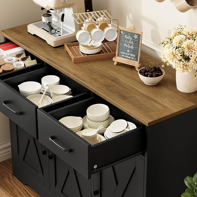 HOSTACK Modern Farmhouse Buffet Sideboard Cabinet, Barn Doors Storage Cabinet with Drawers and Shelves, Wood Coffee Bar with Storage for Dining Room, Kitchen, Living Room, Black/Rustic Brown