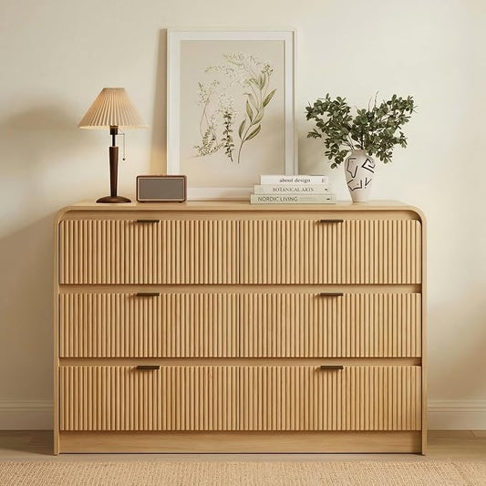 FURSUN Fluted 6 Drawers Dresser for Bedroom, 54" Wide Wooden Dresser with Metal Handle, Curved Profile Design, Modern Storage Organizer for Bedroom, Living Room, Hallway, Natural Oak