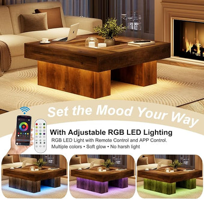 LVB Coffee Table, Modern Wood Led Living Room Table with Storage, Farmhouse Large Square Center Table with LED Light, Unique Wide Low Tea Table for Living Room Home Office, 39.37 Inch, Rustic Oak