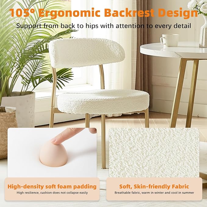 SoarFlash Dining Chairs, Beige Boucle Dining Chairs Set of 6, Kitchen Dining Room Chairs Curved Backrest Upholstered Mid Century Chair with Golden Metal Legs