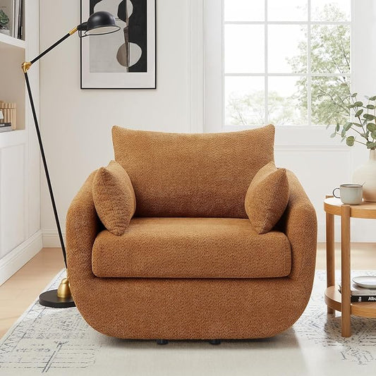 360° Swivel Accent Armchair, 39.3" Oversized, Sherpa Boucle Fabric Sofa Chair with Removable Back & Arm Pillows, Swivel Chair with Cozy Soft Padded (1, Curry)