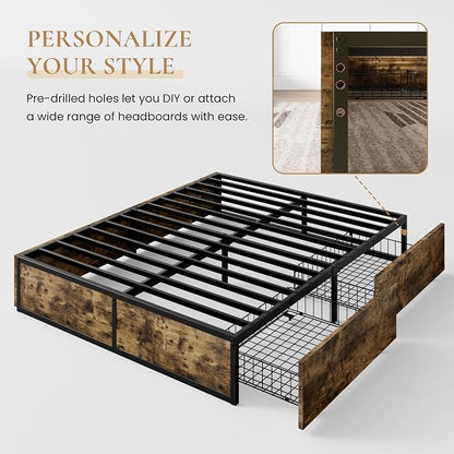SHA CERLIN Queen Platform Bed Frame with 2 Large Storage Drawers, Rustic Wood and Metal, Noise-Free, Easy Assembly, No Box Spring Needed, Brown