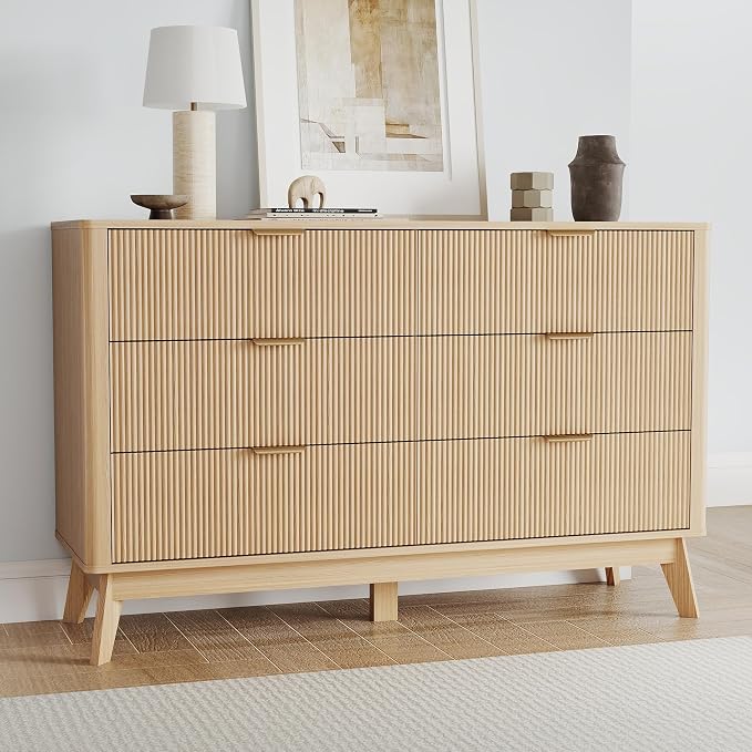 SUNWAVE 6 Drawer Dresser for Bedroom, 49.6" Wide Modern Fluted Dresser with Round Corner, Wood Chest of Drawers for Living Room (Oak)
