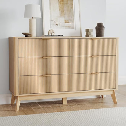 SUNWAVE 6 Drawer Dresser for Bedroom, 49.6" Wide Modern Fluted Dresser with Round Corner, Wood Chest of Drawers for Living Room (Oak)
