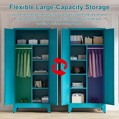 Washsemba 71'' Farmhouse Metal Wardrobe Cabinet with Hanging Rod, 2 Barn Door Wardrobe Closet with 5 Adjustable Shelves,Drawer,for Dining Room,Bedroom,Living Room, Cloak Room,Office (Peacock Blue)