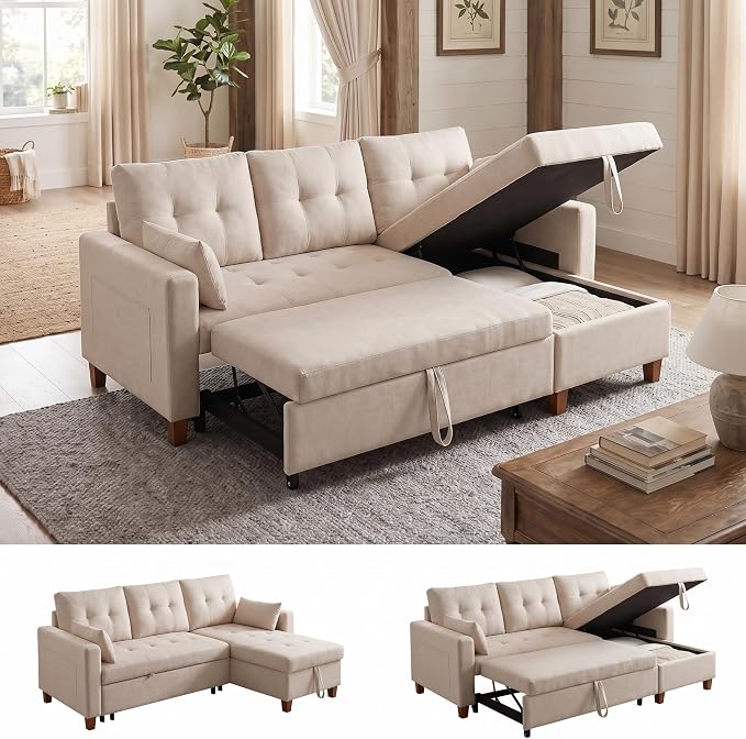 Convertible Sofa Bed, L Shape Sleeper Sofa with Reversible Storage Chaise, Tufted Fabric Sectional Sleeper Sofa with Pull Out Bed for Small Space, Living Room, Apartment, Almond