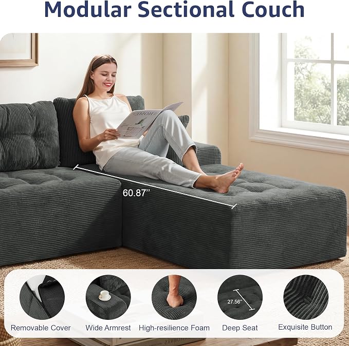 Hobestluk Modular Sectional Sofa Couches L-Shape Couch 3 Seat Modular Sofa Memory Foam Sectional Couches for Living Room, Cloud Couch (Charcoal Corduroy, 108", Right Hand Facing)