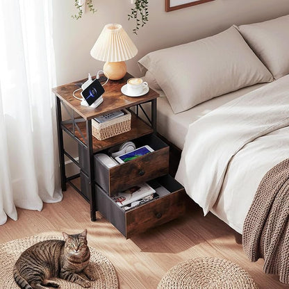 AMHANCIBLE Nightstands Set of 2, Night Stand with Charging Station, Small Bedside Table with 2 Fabric Drawers, End Tables Living Room with USB C Ports for Bedroom, Rustic Brown HET05XBR