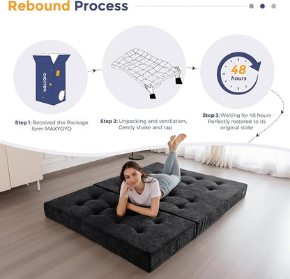 MAXYOYO 6" Folding Sofa Bed for Floor, Tufted Tri-Fold Floor Mattress with Chenille Fabric, Twin Size Portable Sofa Couch Guest Mat for Adults, Foldable Topper for Camping, Black, 35.4"x75"