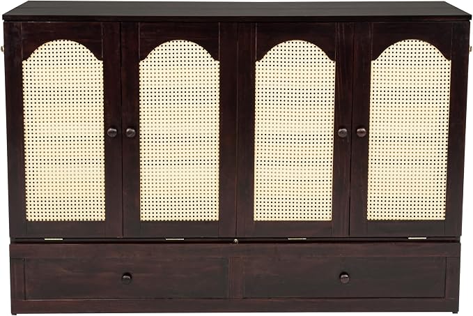 PVWIIK Queen Size Murphy Bed Cabinet with Power Station & Large Drawer for Bedroom,Pine Wood Folding Chest Bed with Rattan Panel, Space-Saving Wall Bed, Espresso