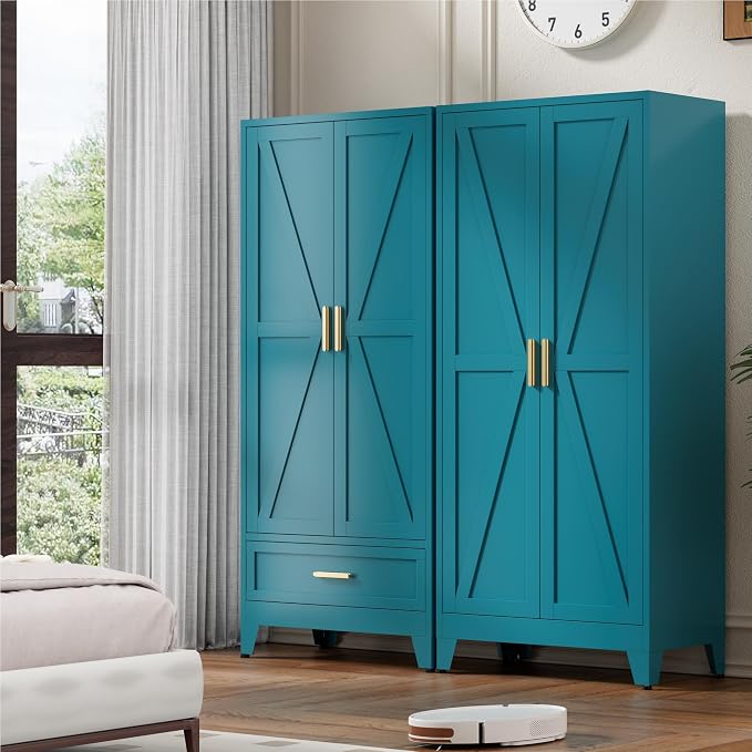 Washsemba 71'' Farmhouse Metal Wardrobe Cabinet with Hanging Rod, 2 Barn Door Wardrobe Closet with Adjustable Shelves,Drawer,for Dining Room,Bedroom,Living Room, Cloak Room,Office (Peacock Blue)