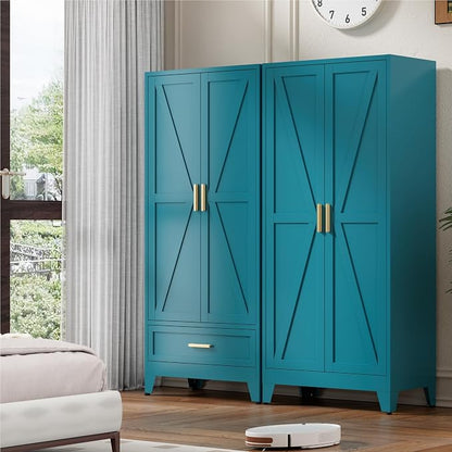 Washsemba 71'' Farmhouse Metal Wardrobe Cabinet with Hanging Rod, 2 Barn Door Wardrobe Closet with Adjustable Shelves,Drawer,for Dining Room,Bedroom,Living Room, Cloak Room,Office (Peacock Blue)