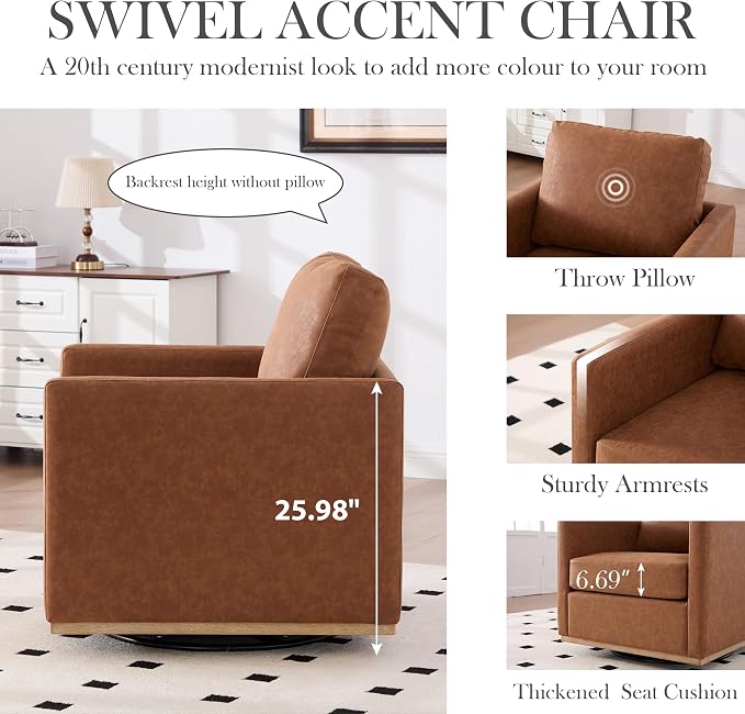 Aoiy & Wifon 30.7" W Swivel Accent Chair Set of 2, Mid Century Modern Swivel Chairs for Living Room, Comfy Small Accent Chair, PU Leather, Brown