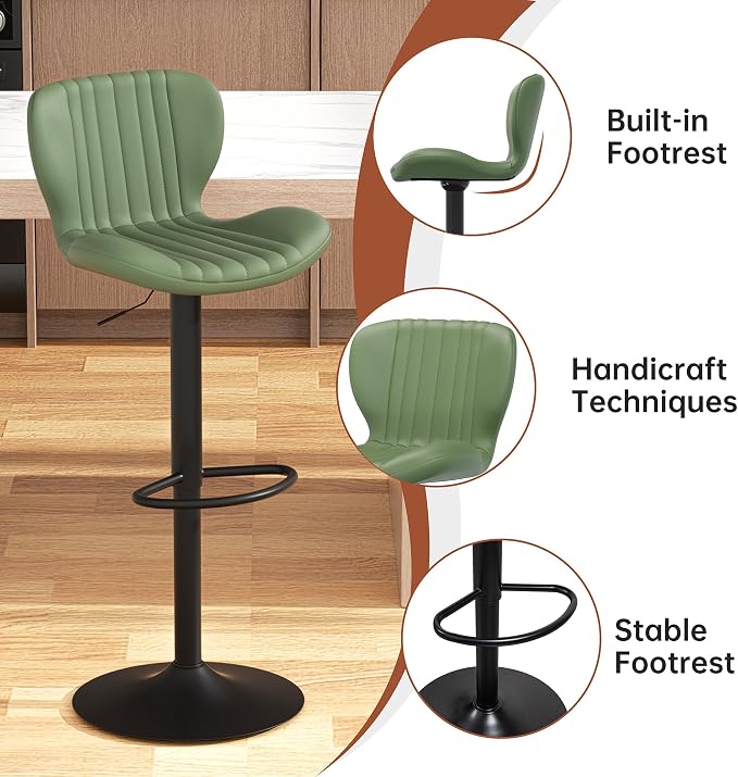 JAMFLY Bar Stools Set of 2, Leather Adjustable Barstools Counter Height Modern Bar Stools, Island Chairs Set of 2 for Kitchen, Green