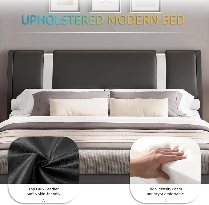 Keyluv Modern Queen Size Bed Frame with Mirror Metal Decoration, Faux Leather Upholstered Platform Bed with Curved Headboard, Wooden Slats Support, No Box Spring Needed, Black