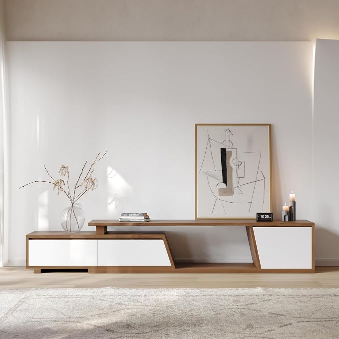 homary Extendable TV Stand with 3 Drawers Minimalist Rectangle Entertainment Center White & Walnut TV Console Up to 110" (70.9”W-110.2”W)