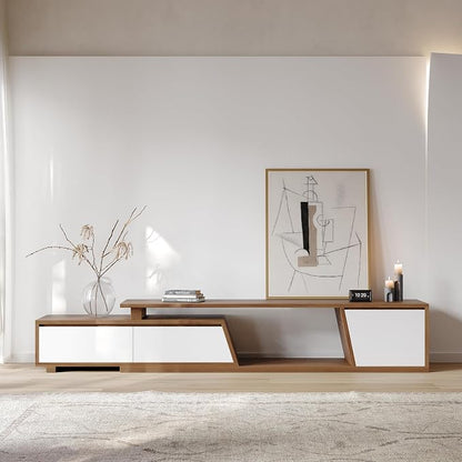 homary Extendable TV Stand with 3 Drawers Minimalist Rectangle Entertainment Center White & Walnut TV Console Up to 110" (70.9”W-110.2”W)