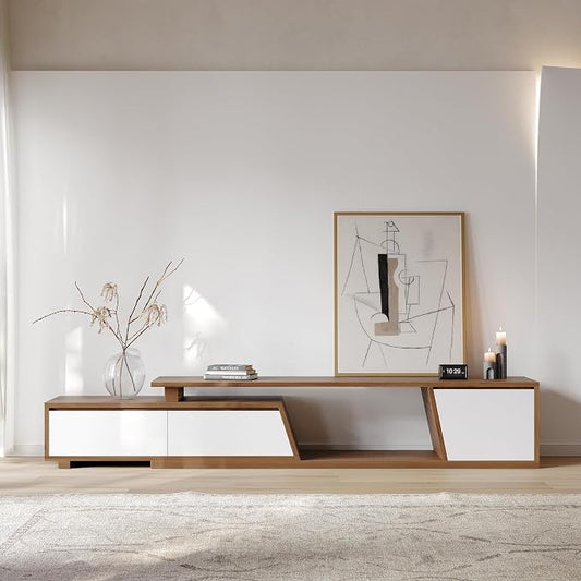 homary Extendable TV Stand with 3 Drawers Minimalist Rectangle Entertainment Center White & Walnut TV Console Up to 110" (70.9”W-110.2”W)