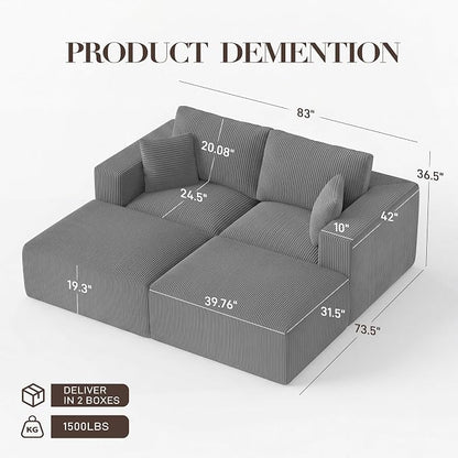 Modular Sectional Sofa Bed with Ottoman, 79" Memory Foam Cloud Couch, Boneless Loveseat Corduroy Upholstered Floor Couch, No Assembly Required Living Room Furniture for Apartment Bedroom, Grey