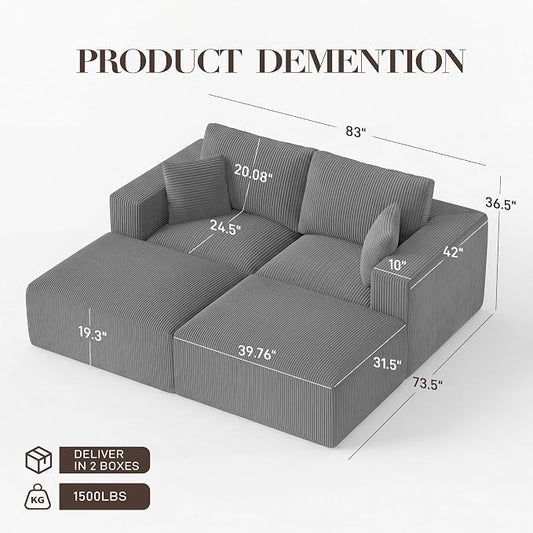 Modular Sectional Sofa Bed with Ottoman, 79" Memory Foam Cloud Couch, Boneless Loveseat Corduroy Upholstered Floor Couch, No Assembly Required Living Room Furniture for Apartment Bedroom, Grey
