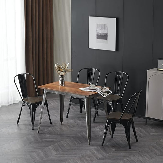 Nazhura Metal Dining Chair Farmhouse Tolix Style for Kitchen Dining Room Café Restaurant Bistro Patio, 18 Inch, Stackable, Waterproof Indoor/Outdoor (Sets of 4) (Black with Wood Padding)