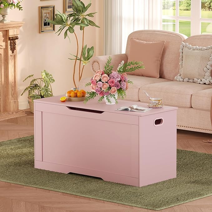 usikey 39.4” Storage Chest, Toy Box with 2 Safety Hinges, Toy Chest, Storage Bench for Bedroom, Supports 220 lb, for Living Room, Entryway, Pink