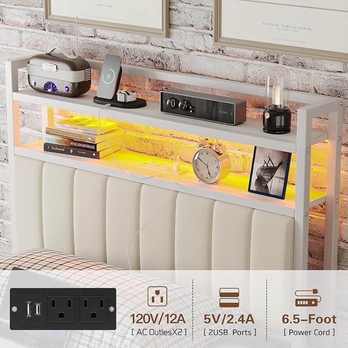 Twin Size Bed Frame with Upholstered Headboard and 2-Tier Storage Shelves | Metal / Charging Station / LED Lights / Under Bed Storage / Non-slip/ Noise Free / No Box Spring Needed / White