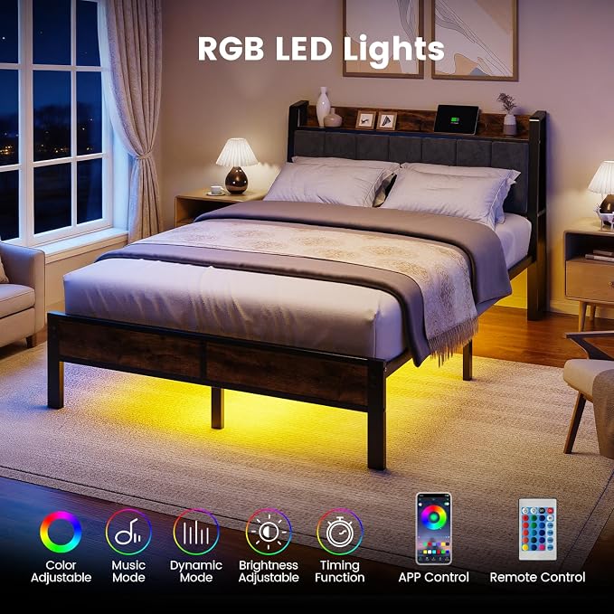 Liians Full Size Bed Frame with Smart LED Light, Wood Storage Charging Station Headboard, Metal Platform Bed, No Box Spring Required, Easy Assembly, Noise Free