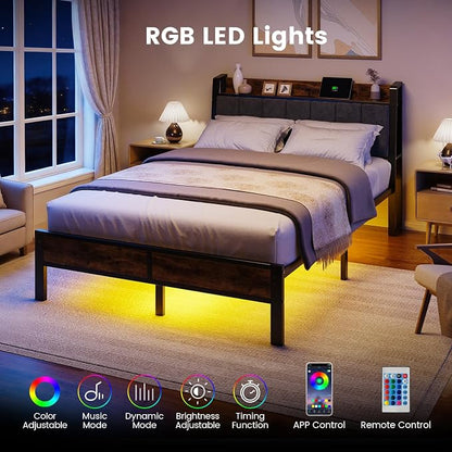 Liians Full Size Bed Frame with Smart LED Light, Wood Storage Charging Station Headboard, Metal Platform Bed, No Box Spring Required, Easy Assembly, Noise Free